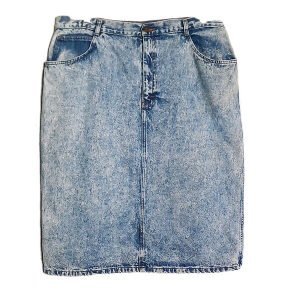 Vintage 80s Mustang Denim Jean Acid Wash Knee Length Skirt Retro Mom Jeans - Picture 1 of 3